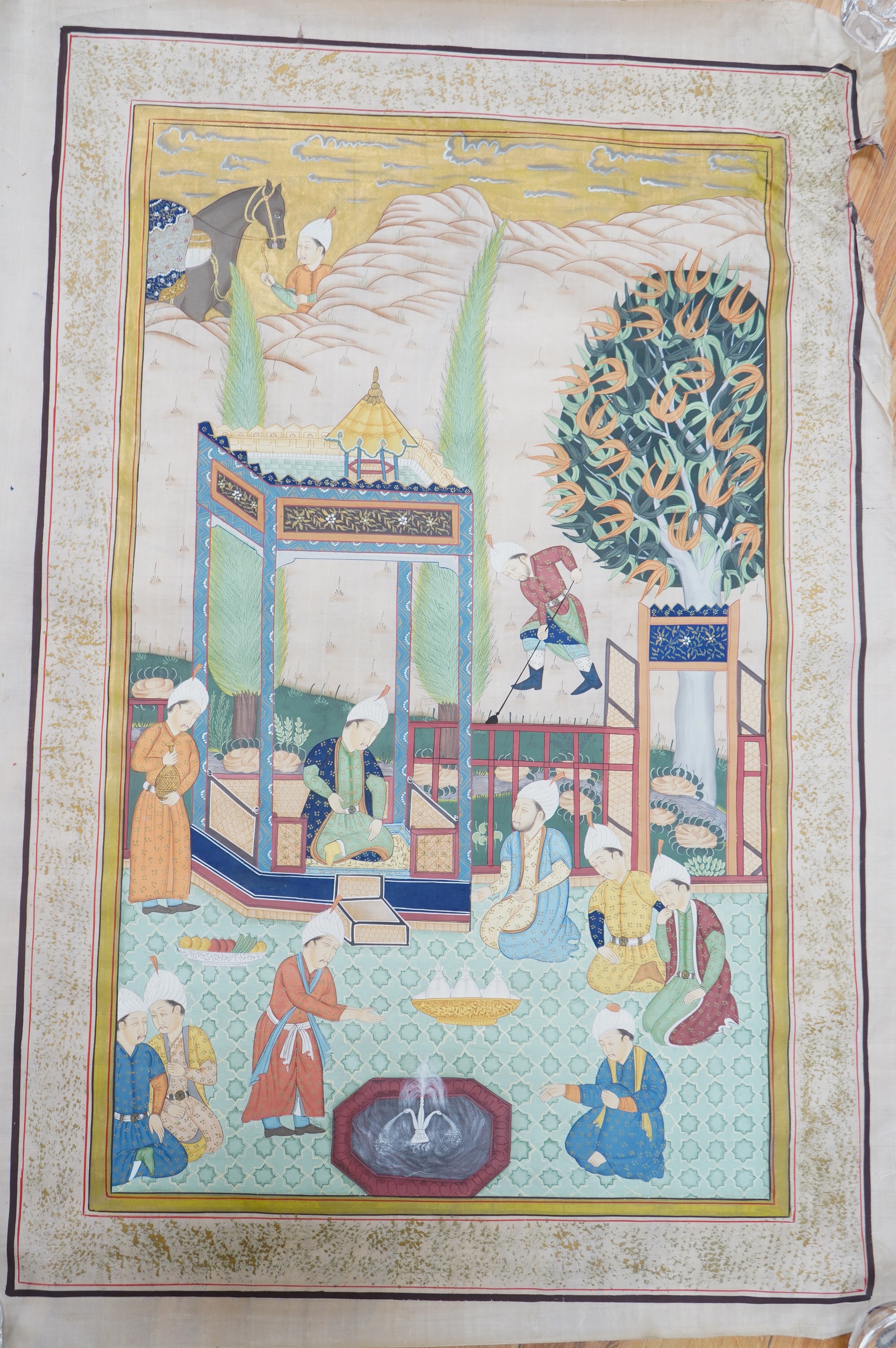 A mid 20th century Persian painting on silk, 65cm wide x 95cm high. Condition - fair, small damage near top corner